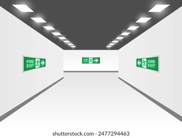 Emergency Fire Exit Sign in Corridor. Exit Sign. Fire Exit Sign. Vector Illustration.