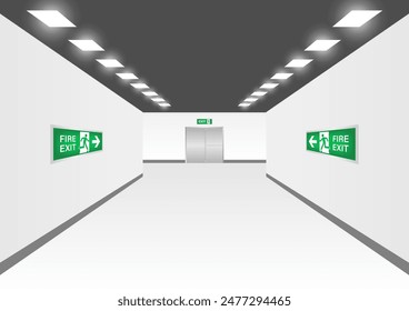 Emergency Fire Exit Sign in Corridor. Exit Sign. Fire Exit Sign. Vector Illustration.