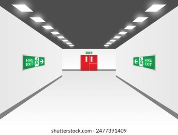 Emergency Fire Exit Sign in Corridor. Exit Sign. Fire Exit Sign. Vector Illustration.