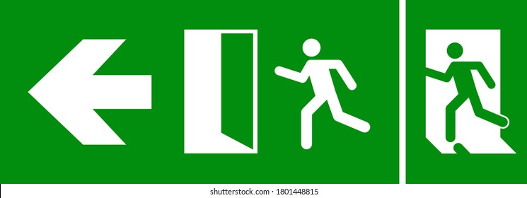 Emergency fire exit sign. Evacuation fire escape door vector sign pictogram arrow exit route