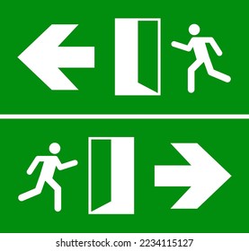 Emergency fire exit sign. Evacuation fire escape door vector sign pictogram arrow exit route.