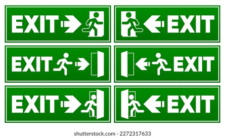 Emergency fire exit sign. Evacuation fire escape door. Emergency exit concept. Arrow for exit route. Vector illustration.