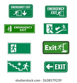 Emergency fire exit sign with evacuation door and directional arrow. Represents fire escape routes and emergency exit concepts. Vector illustration.
