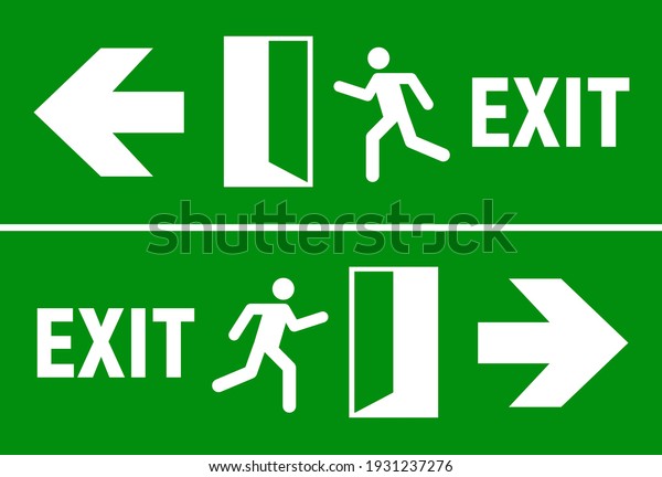 Emergency fire exit sign. Evacuation
fire escape door vector sign pictogram arrow exit
route