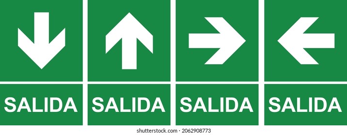 Emergency fire exit sign means "salida" in spanish. Evacuation fire escape door vector sign pictogram arrow exit route
