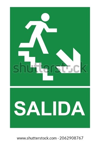 Emergency fire exit sign means "salida" in spanish. Evacuation fire escape door vector sign pictogram arrow exit route
