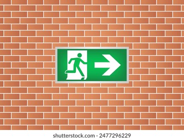 Notausgangsschild an der Wand. Wegfahrsperre. Feuerleitzeichen. Vektorillustration. 