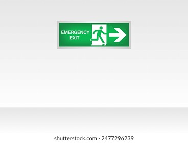 Notausgangsschild an der Wand. Wegfahrsperre. Feuerleitzeichen. Vektorillustration. 