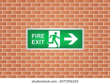 Emergency Fire Exit Sign on Wall. Exit Sign. Fire Exit Sign. Vector Illustration. 