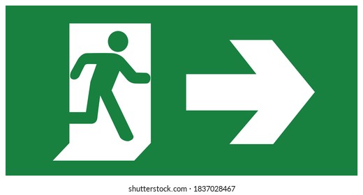 emergency fire exit sign with running man icon to door. warning sign plate