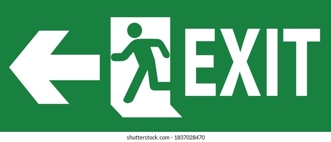 Emergency Fire Exit Sign With Running Man Icon To Door. Warning Sign Plate