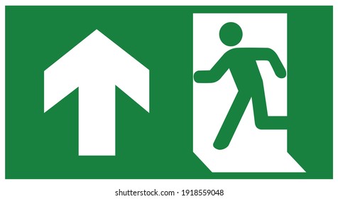 emergency fire exit sign with running man icon to door. green color. warning sign plate