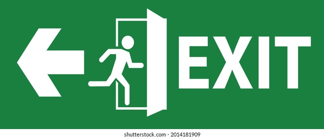 emergency fire exit sign with running man icon to door. warning sign plate