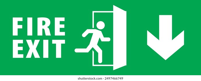 Emergency fire exit sign, running man icon to door, red color, arrow vector, warning sign plate emergency sign isolated background fire icon