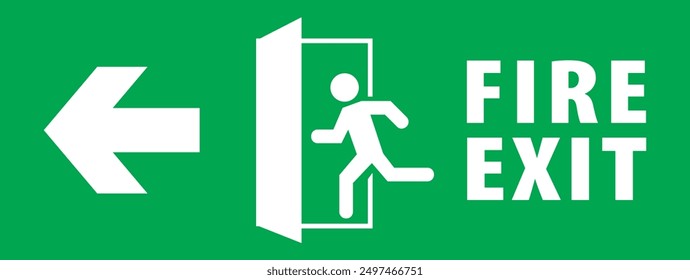 Emergency fire exit sign, running man icon to door, red color, arrow vector, warning sign plate emergency sign isolated background fire icon