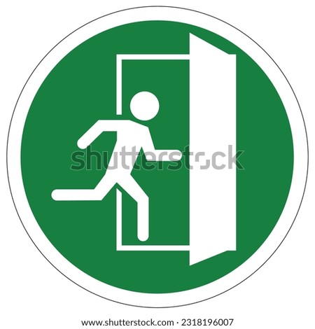 emergency fire exit sign with running man icon to door in circle design . green color. arrow vector. warning sign plate