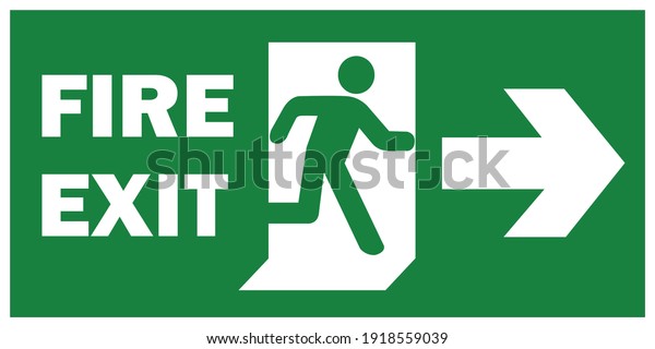 Emergency Fire Exit Sign With Running Man Icon To Door Green Color Arrow Vector Warning Sign 0425