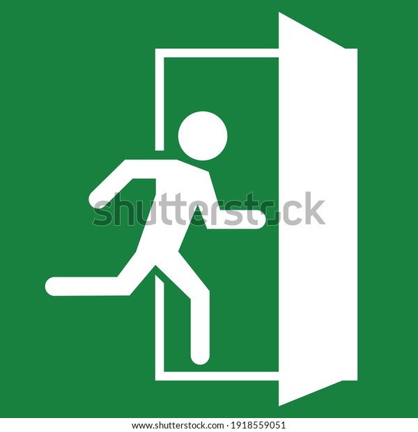 emergency fire exit sign with\
running man icon to door. green color. arrow vector. warning sign\
plate