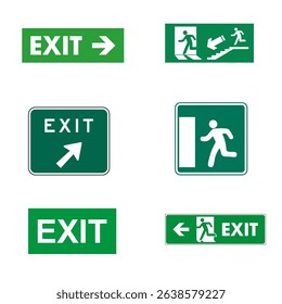 Emergency fire exit sign set featuring evacuation doors and directional arrows. Illustrates fire escape routes and emergency exit concepts. Vector illustration.