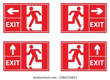 Emergency fire exit sign vector set. Running man and exit door sign symbol red and white color. Escape help evacuation. Various exit signs icon isolated. Exit sign collection. Vector illustration.