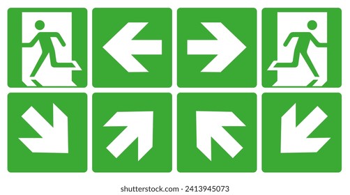 Emergency and fire exit signs. The direction of the emergency exit. EPS 10.