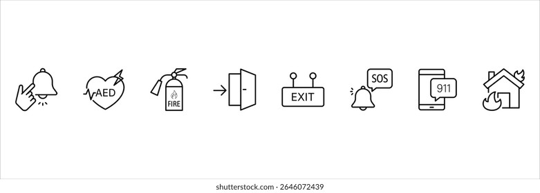 Emergency fire exit SOS 911 alert rescue call safety alarm, house danger warning icon set vector illustration line.