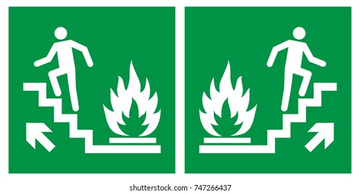 Emergency fire exit upwards stairs, fire escape route signs, vector illustration.