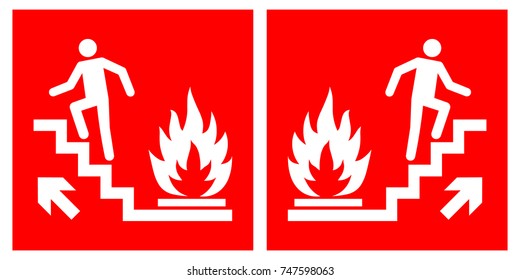 Emergency fire exit upwards stairs, fire escape route signs, vector illustration.