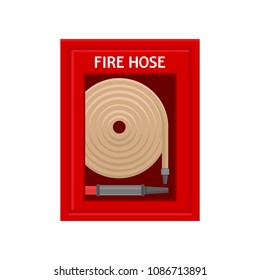 Emergency fire hose inside red metal wall box with glass. Flame prevention tool. Colorful flat vector icon