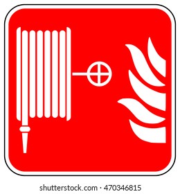 Emergency fire hose reel sign, white fire hose icon on a red square background , vector illustration