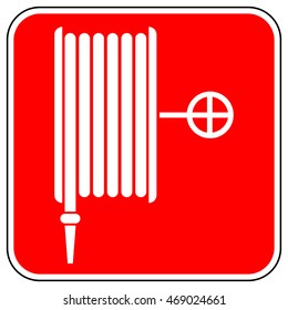 Emergency fire hose sign, white fire hose icon on a red square background , vector illustration