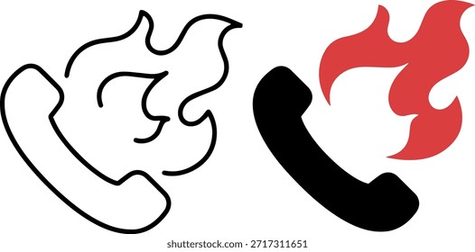 Conjunto de iconos de línea directa de emergencia contra incendios, teléfono de Vector plano y símbolos de llama