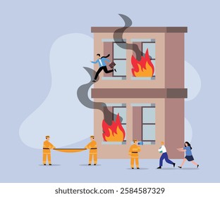 Emergency Fire Rescue Scene - Office Building on Fire 2d flat vector illustrations