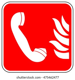 Emergency fire telephone sign , white phone and flame icon on a red square background , vector illustration