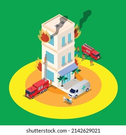 Emergencia: extinción de incendios en el edificio isométrico 3d concepto de ilustración vectorial para banner, sitio web, ilustración, página de aterrizaje, plantilla, etc