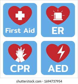 Emergency , First Aid , CPR , ER , AED Sign Label Icon Graphic Flat Design - Vector Illustration