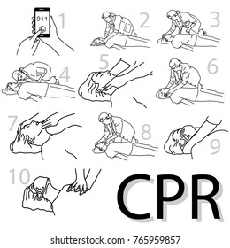 Emergency first aid cpr procedure vector illustration sketch hand drawn with black lines isolated on white background