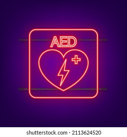 Emergency first aid defibrillator neon sign. White heart icon and white cross icon. Vector stock illustration.