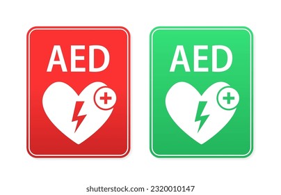 Emergency first aid defibrillator sign. White heart icon and white cross icon. AED AID CPR. Red, Green automated external defibrillator sign for apps or websites. Vector illustration