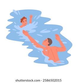 Emergency first aid to drowning kid by professional lifeguard. Young male rescuer swimming to boy screaming in blue sea or ocean water to help, child at risk of drowning cartoon vector illustration