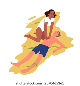 Emergency first aid to drowning man by professional lifeguard. Guy lying on summer beach sand, young woman from rescuer station giving heart massage to save life and health cartoon vector illustration