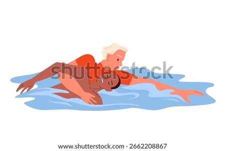 Emergency first aid to drowning man by professional lifeguard. Guy passed out in sea water in swimming accident, lifesaver holding victim to swim to beach and save life cartoon vector illustration