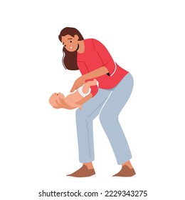 Emergency First Aid Food Choking Baby. Female Character Mother Trying To Reanimate or Help Newborn Choke-bore Baby Spit Out A Thing From Throat By Heimlich Maneuver. Cartoon People Vector Illustration