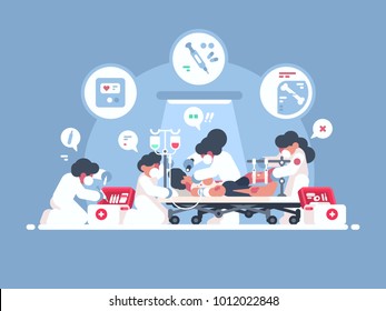 Primeros auxilios de emergencia. Grupo de médicos salva la vida de las personas. Ilustración del vector