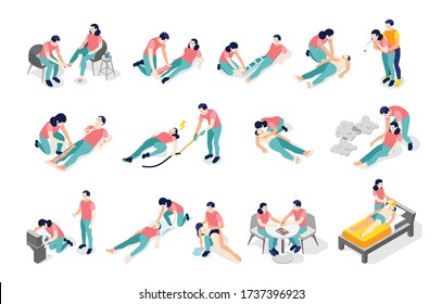 Emergency first aid isometric recolor set with broken bones fractures burns cuts bites poisoning chocking vector illustration 