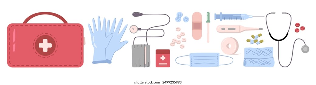 Emergency first aid kit with medicine and equipment for health care and treatment. Vector bandage for wound, gloves and mask from viruses, pipette and thermometer, medication and capsules