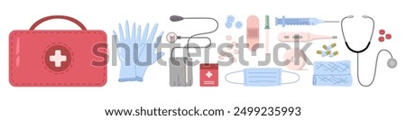 Emergency first aid kit with medicine and equipment for health care and treatment. Vector bandage for wound, gloves and mask from viruses, pipette and thermometer, medication and capsules