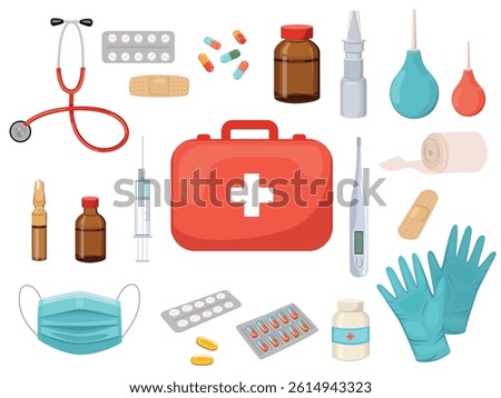 Emergency first aid kit with medicine and equipment for health care and treatment.  Gloves and mask from viruses, pipette and thermometer, medication and capsules. Vector illustration