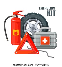 Emergency First Aid Kit And Necessary Auto Service Equipment Vector