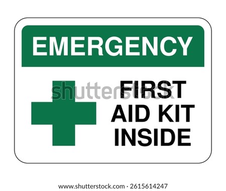 Emergency First Aid Kit Sign, Workplace Safety Notice, Medical Assistance, Hazard Prevention – High Quality Vectorial Stock Image